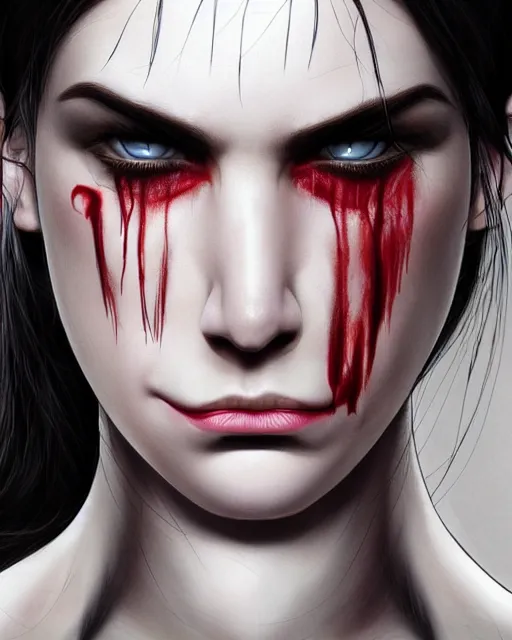 Prompt: portrait of evil a tall 4 0 - year - old woman with thin lips, heavy - lidded eyes, a strong jaw and long, thick shining black hair, thick eyebrows and long eyelashes, wearing in black clothes, hyper realistic face, beautiful eyes, character art, art by mark brooks, hyperdetailed, cryengine, trending on artstation, digital art