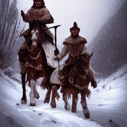 Image similar to “Two medieval men carrying furs on horseback in the snow in the middle of the mountains, snow storm, fantasy, highly detailed, digital painting, artstation, concept art, illustration, art by Greg Rutkowski and Marc Simonetti