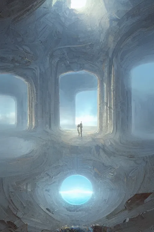 Prompt: a portal to another dimension made of white smoke in the middle of a design lounge crossed by the rays of the setting sun, marc simonetti