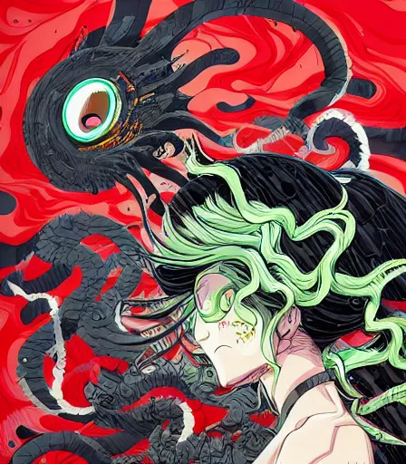 Image similar to Kimetsu no Yaiba by Alex Pardee and Nekro and Petros Afshar ,unstirred paint, vivid color, cgsociety 4K