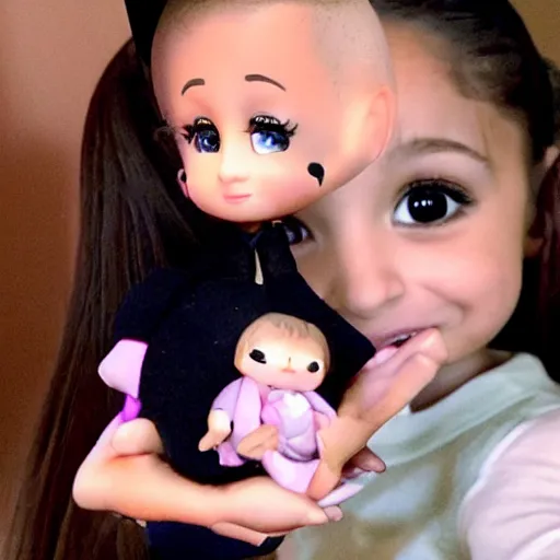 Prompt: very very very tiny ariana grande small ariana grande 1 inch tall. she is situated comfortably in the palm of my hand. I am carrying around the smallest ariana grande in the world!!!! Adult ARIANA GRANDE shrunken down to a mini size! award-winning bw photography