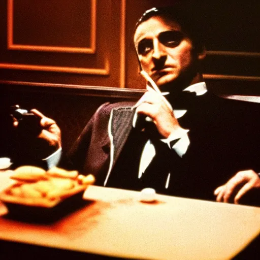 Image similar to A still of Ronald Mc Donald in The Godfather, cinematic lighting