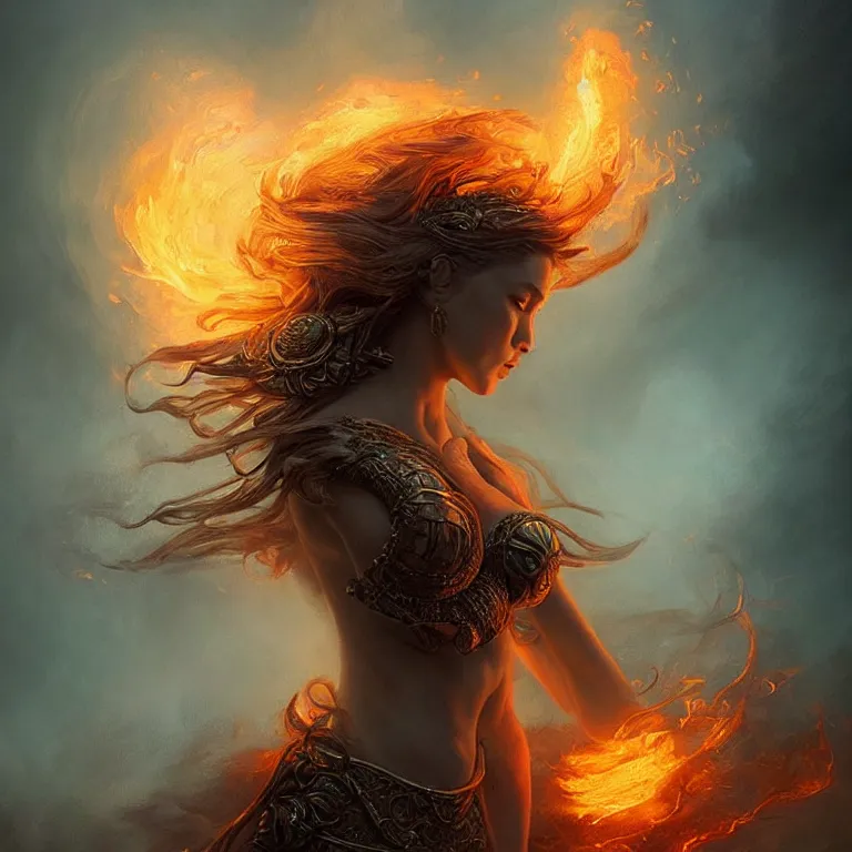 Image similar to Majestic painting of a beautiful young female fire goddess!!, intricate, epic, elegant, menacing, fantasy, highly detailed, digital painting, hard focus, beautiful volumetric lighting, epic light, ultra detailed, souls, smoke, by Leesha Hannigan, Ross Tran, Thierry Doizon, Kai Carpenter, Ignacio Fernández Ríos