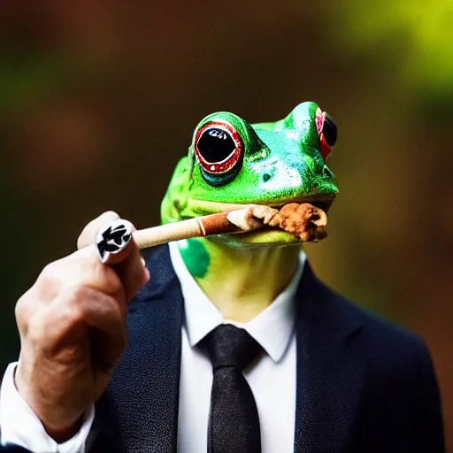 Image similar to a high detail closeup photograph of a 🐸 wearing a suit 👔,and smoking a cigarrette🚬, award wining photograph