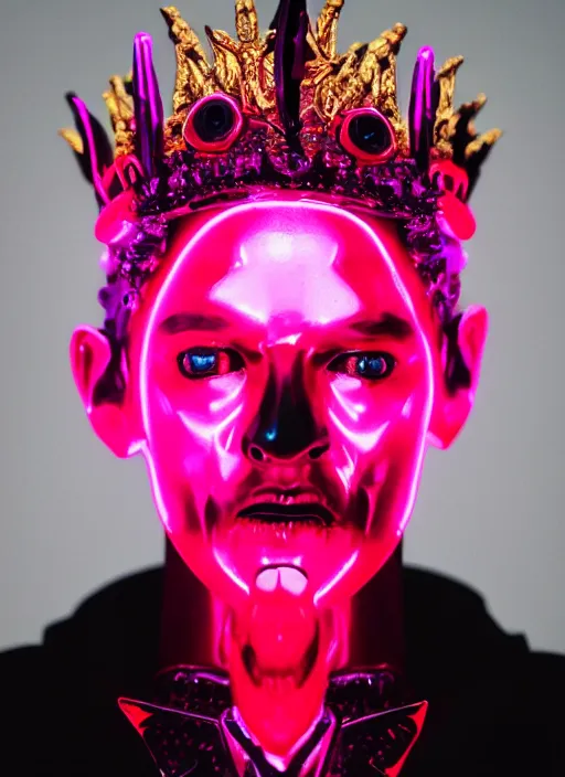 Image similar to photo of baroque and bladerunner delicate neon ruby sculpture of seductive ceramic albino king xavier serrano delicious pink iridescent humanoid deity wearing black fluffy hoody holding diamond skull in a black metallic dungeon, reclining, glowing rainbow face, crown of white diamonds, cinematic lighting, photorealistic, octane render 8 k depth of field 3 d