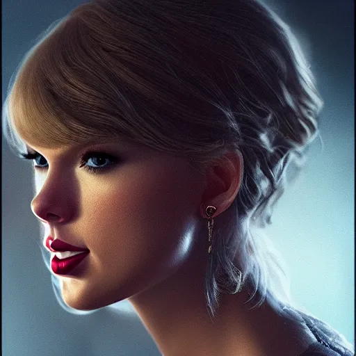 Prompt: a clear close - up studio portrait of taylor swift looking to the left, dramatic cinematic lighting, trending on artstation, fine details, 8 k, highly detailed, beautifully composed