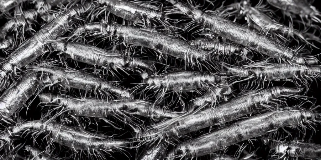 Prompt: Silverfish - stack of 15 shots in helicon focus shot with Sony A9 and Laowa 25mm 2.5-5x at 2.5x, 1_200s, f8 and ISO8000 on black acrylic in black background