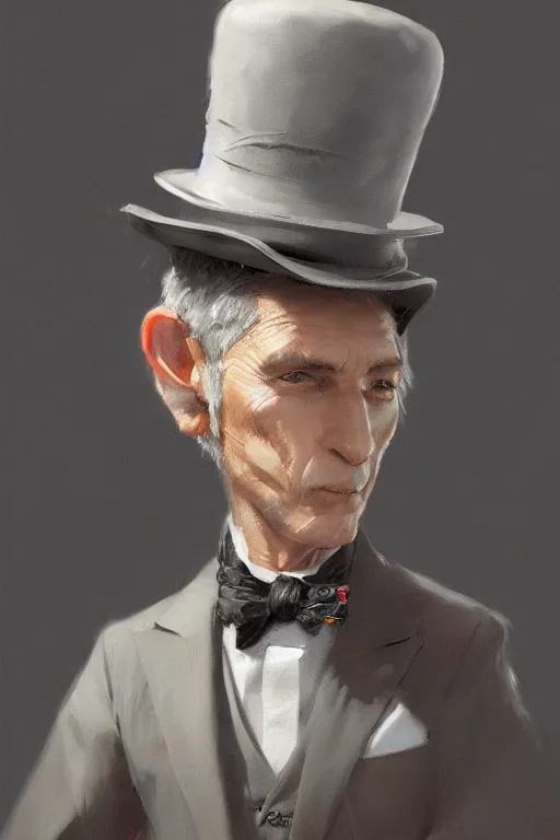 Image similar to a grey hair halfling stubble top hat and suit by Greg Rutkowski, painting, portrait, HD, high details, trending on artstation