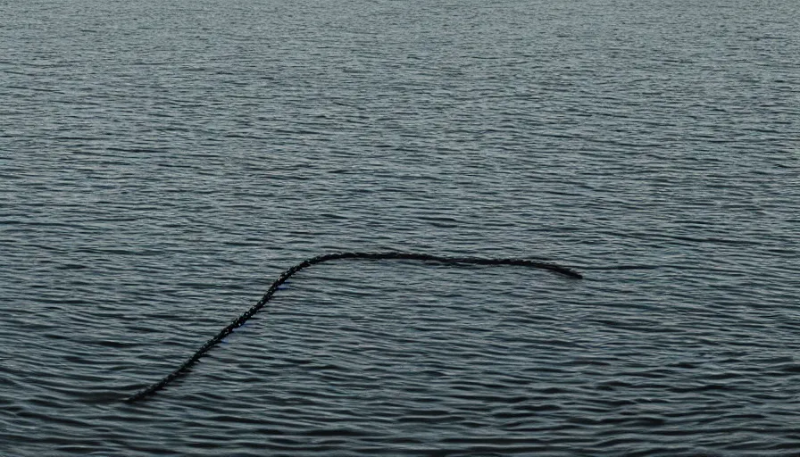 Prompt: photograph of an infinitely long rope floating on the surface of the water, the rope is snaking from the foreground towards the center of the lake, a dark lake on a cloudy day, anamorphic lens, kodak color film stock