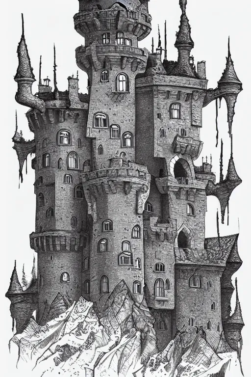 Image similar to a line drawing of an old castle in the woods by joe fenton, trending on artstation, realistic rendering