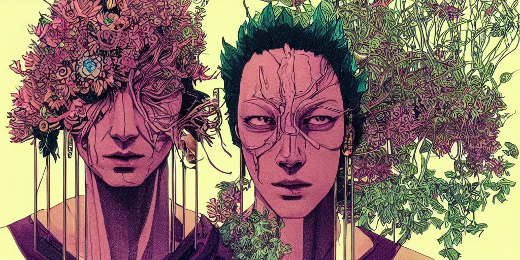 Image similar to risograph grainy drawing futuristic sci - fi antagonist face wearing earrings, photorealistic colors, face covered with plants and flowers, by moebius and satoshi kon and dirk dzimirsky close - up portrait, hyperrealistic