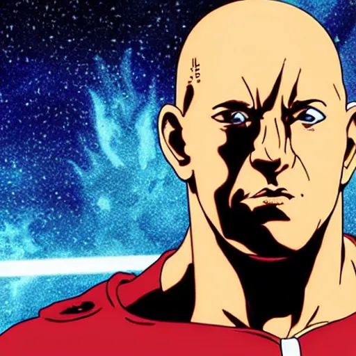 Prompt: vin diesel as saitama throwing a car into space