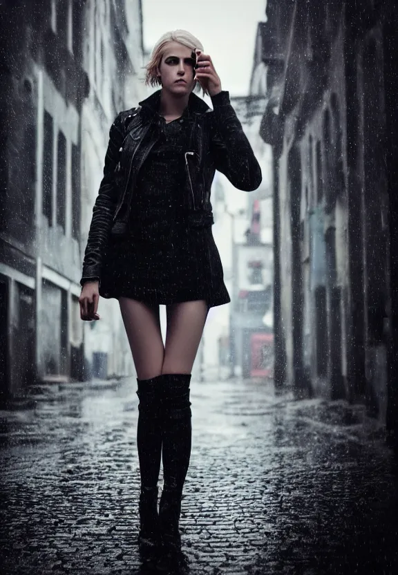 Prompt: cute model annie leonhart posing in dunwall city, beautiful face, detailed face, realistic eyes, cinematic lighting, rainy weather, melancholy atmosphere, volumetric light, gothic architecture, realistic reflections, model agency, instagram photo, depression atmosphere, shot on sony a 7, beauty filter, postprocessing