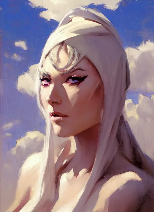 Image similar to greg manchess painting of syndra from league of legends, countryside, calm, fantasy character portrait, dynamic pose, above view, sunny day, thunder clouds in the sky, artwork by jeremy lipkin and giuseppe dangelico pino and michael garmash and rob rey, very coherent asymmetrical artwork, sharp edges, perfect face, simple form, 1 0 0 mm