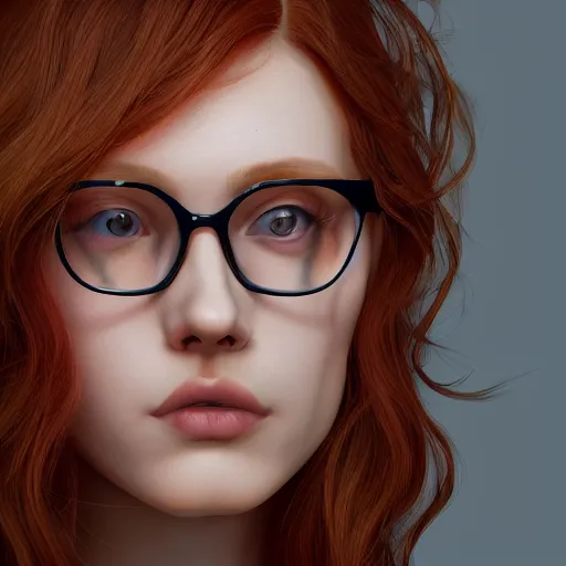 Prompt: detailed portrait of a beautiful ginger woman with glasses, realism, 4k, illustration, iris, dynamic lighting, detailed textures, High Quality, octane render, artstation