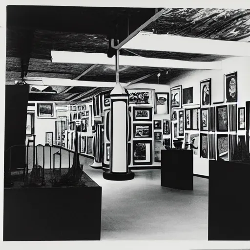 Prompt: A black and white photography in sérigraphie of an exhibition space with works of Sun Ra, Marcel Duchamp and tropical plants - W 1280