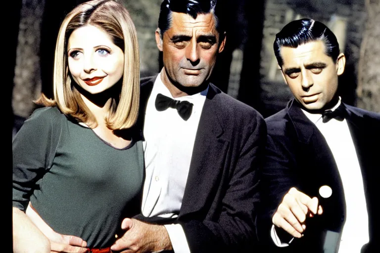 Image similar to cary grant as giles in buffy the vampire slayer, along side sarah michelle gellar 1 9 9 8