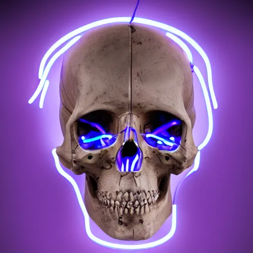 Prompt: cybernetic human scull with with devil horns , blue neon light and smoke and purple lighting