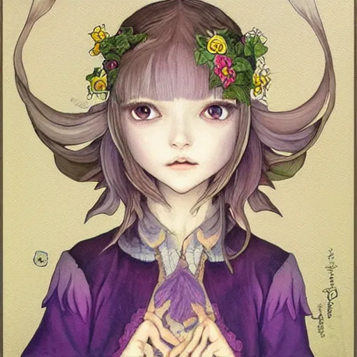 Image similar to little elf tomboy, tunic, soft hair. light color palate, purple, yellow and white. detailed soft painting, ayami kojima, made in abyss, anatomically correct, inspired in balthus