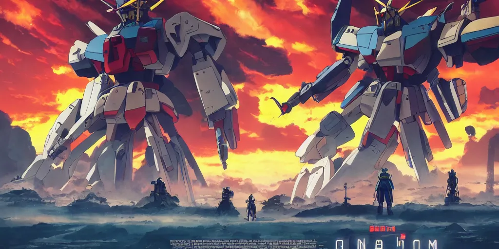 Image similar to Gundam Movie poster, 3D anime, Arcane Style, Retropunk, Steampunk, high resolution, clock tower inside iron and machines, side scrolling, Rule of Thirds, 4K, Retrofuturism, Studio Ghibli, Simon Stålenhag