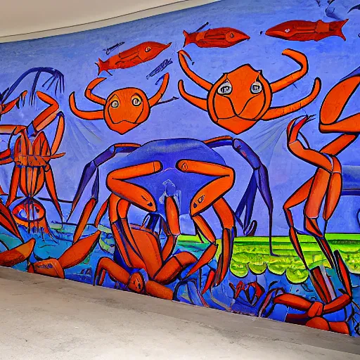 Image similar to mural of a crab revolution in the style of diego rivera