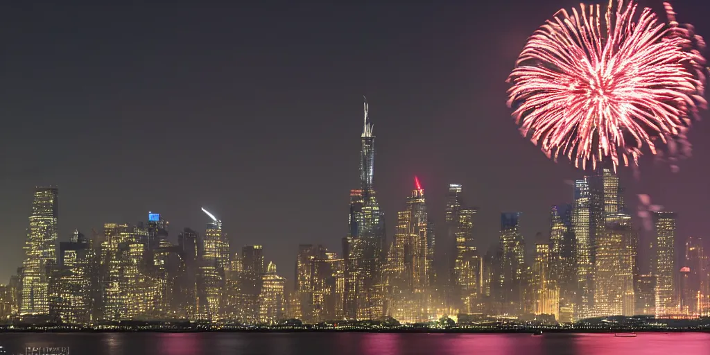 Prompt: amazing fireworks, view from ellis island, 4 th of july. sony a 7, f / 2. photography. photorrealism. high quality. high fidelity.