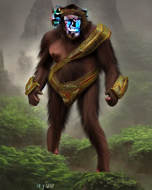 Prompt: fury art, an anthro ape monkey wearing a fantasy armor, jungle background, large cape, 3 d, 8 k, extremely detailed, trending on furaffinity, trending on artstation, award winning, sharp focus, illustration