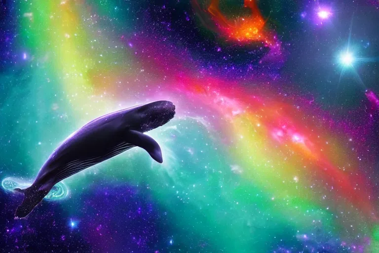 Image similar to a cosmic humpback whale swimming through a colorful space nebula with a black hole, event horizon, digital art, photorealistic