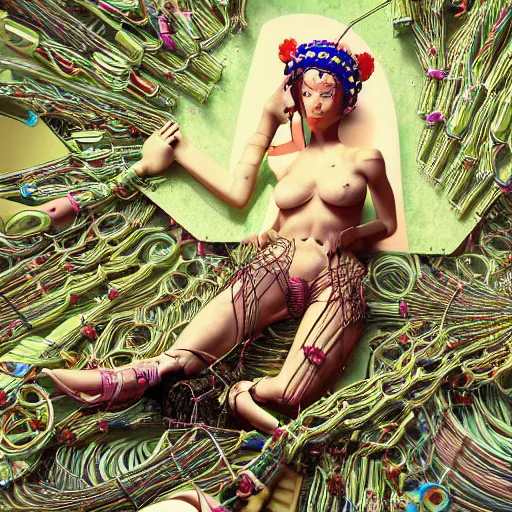 Prompt: piles of modular synth cables mixed with mangrove roots mixed with old video game consoles, kawaii puerto rican goddess chilling out wearing a headpiece made of circuit boards, by cameron gray, wlop, stanley kubrick, masamune, hideki anno, jamie hewlett, unique perspective, epic, trending on artstation, photorealistic, 3 d render, vivid