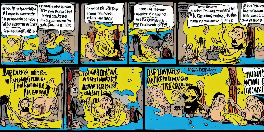 Prompt: charles manson slipping on a banana peel, 3 panel bizarro comic strip by piraro