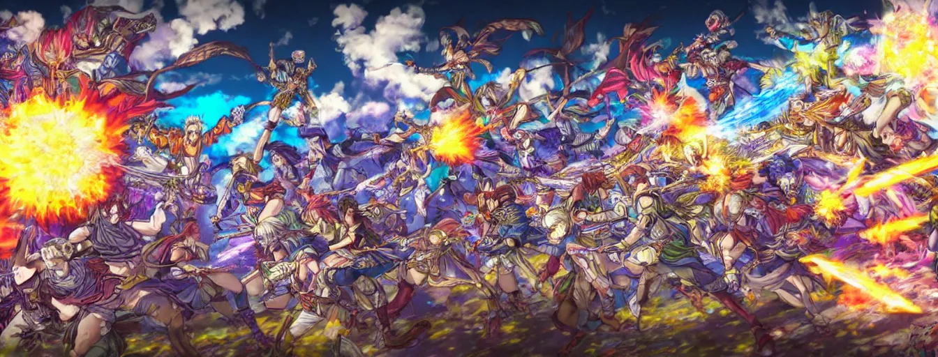 Prompt: colorful souls fighting on a battlefield with spirit power flying around. hyperrealistic anime background illustration by kim jung gi, colorful, extremely detailed intricate linework, smooth, super sharp focus, bright colors, high contrast, matte, octopath traveler, unreal engine 5 highly rendered, global illumination, radiant light