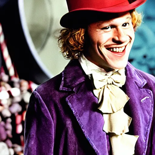 Prompt: Heath Ledger plays Willy Wonka in Charlie and the Chocolate Factory