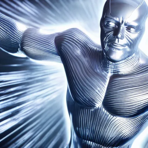 Image similar to still photo of silver surfer on his board, highly detailed, photorealistic portrait, bright studio setting, studio lighting, crisp quality and light reflections, unreal engine 5 quality render