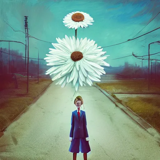 Image similar to giant white daisy flower head, frontal, girl in a suit, standing in street, surreal photography, sunrise, dramatic light, impressionist painting, digital painting, artstation, simon stalenhag