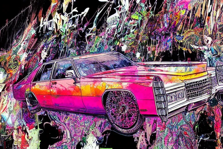 Image similar to psychedelic cadillac illustrations by Ralph Steadman and Bill sienkiewicz and carne griffiths