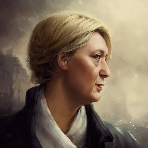 Image similar to Portrait of Marine le Pen , french revolution, amazing splashscreen artwork, splash art, head slightly tilted, natural light, elegant, intricate, fantasy, atmospheric lighting, cinematic, matte painting, detailed face, by Greg rutkowski