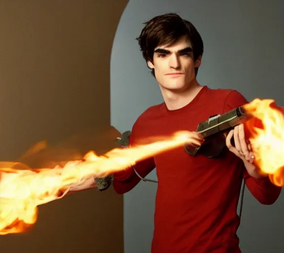 Prompt: rj mitte holding a flamethrower, movie still, upper body shot, photorealistic, clean composition