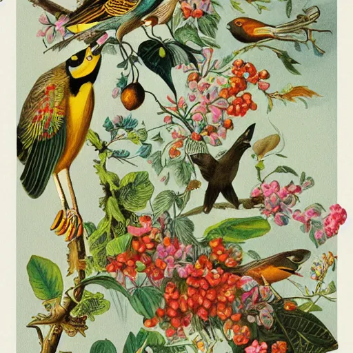 Image similar to vintage illustration pattern, bizarre compositions, blend of flowers, fruits, birds by beto val, john james audubon, exquisite detail