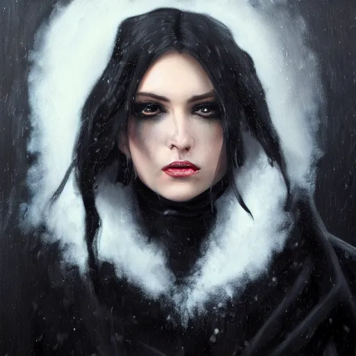 Image similar to furious dark haired women, portrait by tyler jacobson, steve argyle, wearing black coat, black makeup, ice mage, shooting ice, oil painting,, fantasy artwork, fantastic artwork, 4 k, trending on artstation