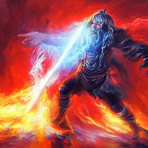 Image similar to Highly detailed oil painting, concept art, of a wizard casting a fireball spell, fighting against a huge ice giant, red and blue color scheme, concept art, highly detailed.