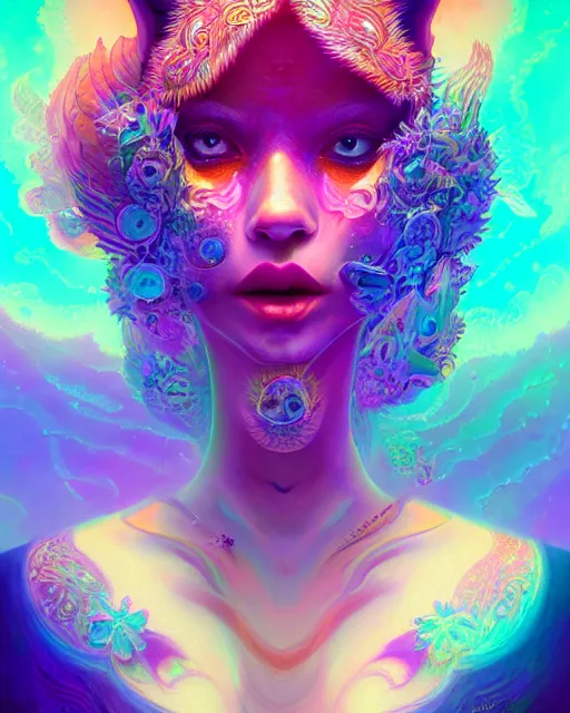 Image similar to lsd, acid trip, intricate fractals, a detailed portrait of a beautiful woman with ( fox ) features, in professional makeup, dramatic lighting, by lois van baarle, ross tran, greg rutkowski, background of ultra detailed colorful repeating fractals psychedelic by moebius, beeple, artstation