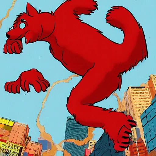 Image similar to clifford the big red dog fighting monsters, in the style of akira, detailed, trending on artstation, 8 k