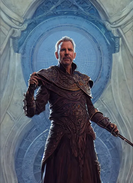 Image similar to kevin costner as oscar diggs, intricate, d & d, wizard, powerful, fantasy, art nouveau, digital painting, trending on artstation, sharp focus, wide shot, illustration, global illumination, ray tracing, art by artgerm and greg rutkowski and ruan jia