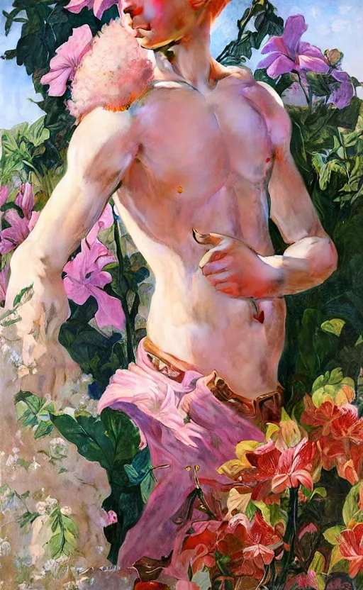 Image similar to androgynous cute pink haired teen boy wearing greek clothes, muted colors, colorful flowers, tropical, sunlight filtering through skin, j. c leyendecker, by alan lee, wlop! illustrated by starember, fantasy art by craig mullins cfg _ scale 8