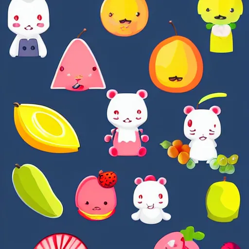 Image similar to a set of kawaii fruits isolated on white background, cartoon, cute, vector graphics,