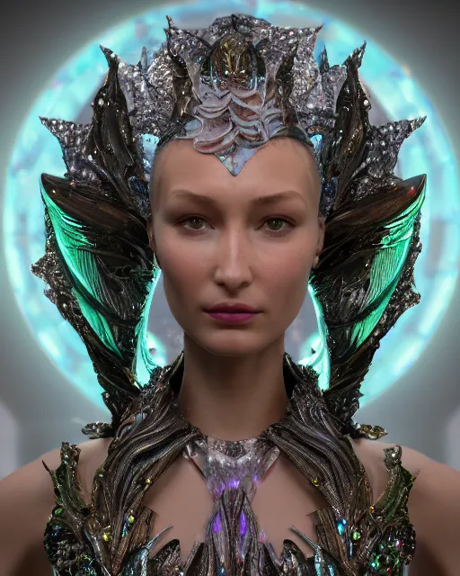 Image similar to a highly detailed metahuman 4 k close up render of an alien goddess bella hadid monument vampire in iris van herpen dress schiaparelli in diamonds crystals swarovski and jewelry iridescent in style of alphonse mucha gustav klimt trending on artstation made in unreal engine 4