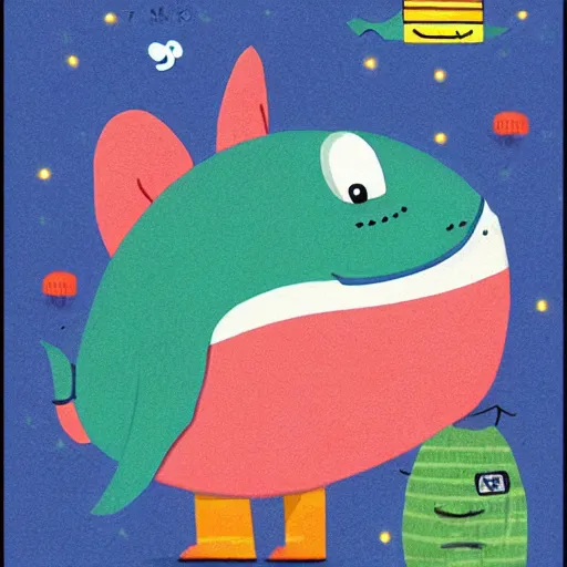 Prompt: an illustration of a happy whale man by richard scarry