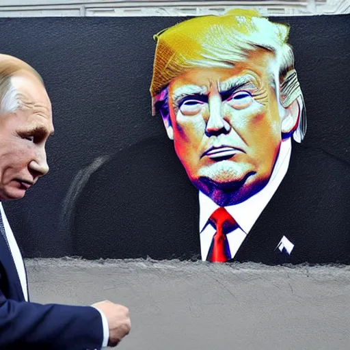 Prompt: trump and putin kissing in a mural in moscow