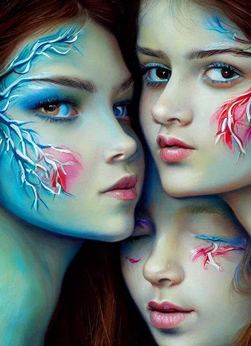 Image similar to a beautiful detailed painting of two girls face painting, realistic, f 8, 4 k hd wallpaper