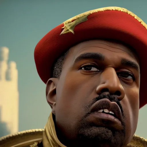 Prompt: kanye west as muammar kadhafi as emperor napoleon in fallout, splash art, movie still, detailed face, cinematic lighting, dramatic, octane render, long lens, shallow depth of field, bokeh, anamorphic lens flare, 8 k, hyper detailed, 3 5 mm film grain